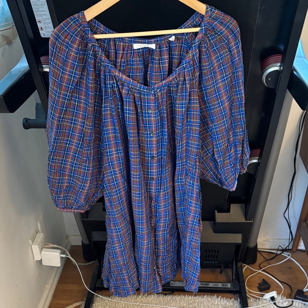 Doen Blue Red Plaid Long Sleeve Dress